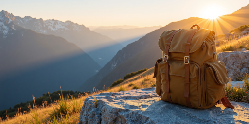 户外场景展示，蓝天白云下的山川景色，绿色植被茂盛，户外装备整齐摆放，体现户外生活的美好与活力